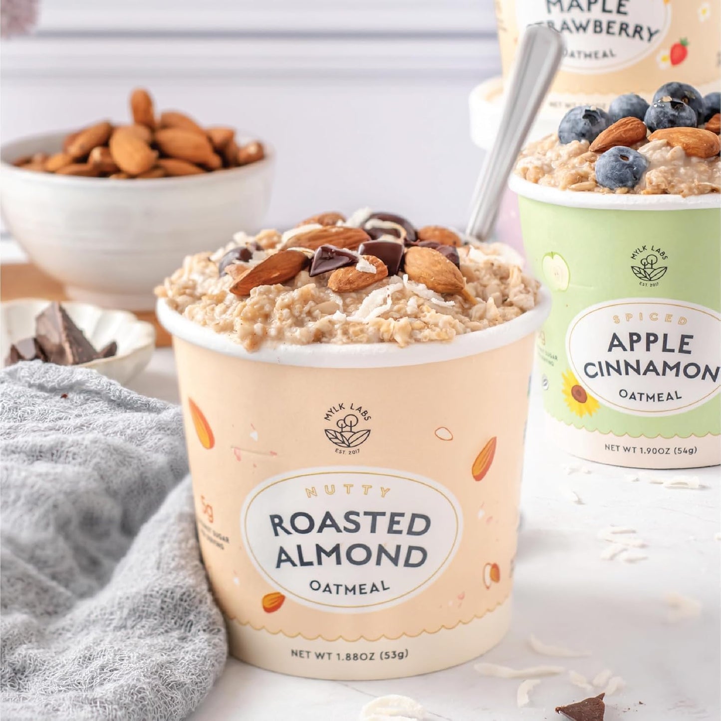 Mylk Labs Almond Gluten Free Oatmeal Cups - Low Sugar Breakfast High Fiber Thin Rolled Oats High Protein Instant Oatmeal Non GMO Vegan - 6 Pack