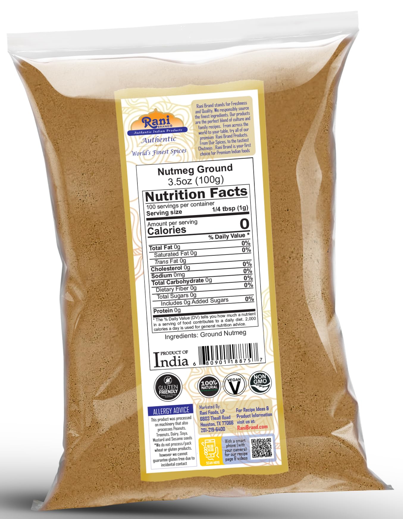 Rani Nutmeg (Jaiphul) Ground Powder Spice 3.5Oz (100G) ~ All Natural | Vegan | Gluten Friendly | Non-Gmo | Kosher | Indian Origin