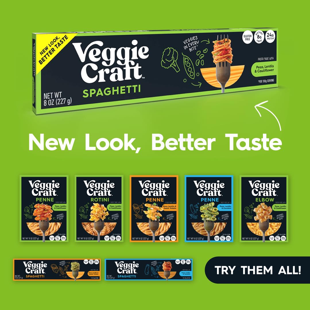 Veggiecraft Farms Spaghetti Pasta Made With Lentil, Peas, & Cauliflower - Spaghetti Noodles, Cauliflower Noodles, Gluten Free, V