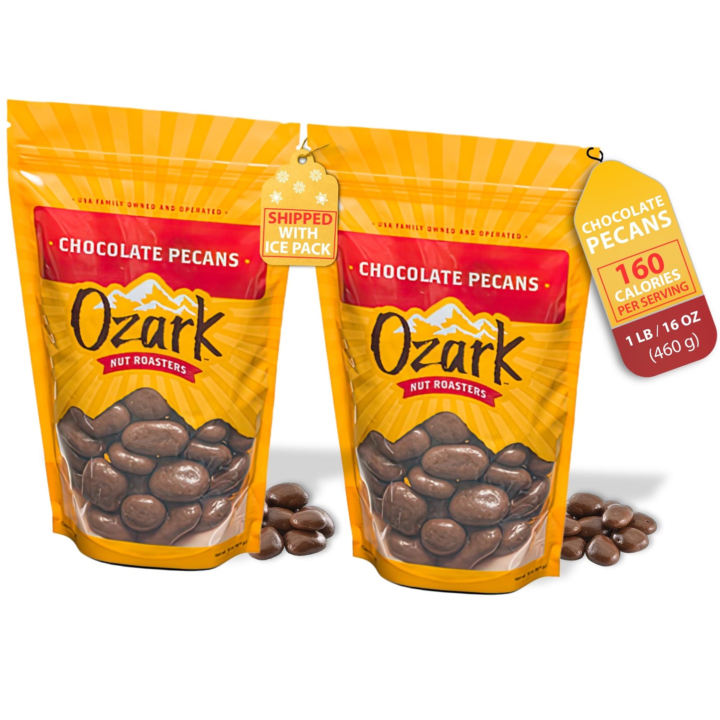 Ozark Nut Roasters Chocolate-Covered Pecans Chocolate Flavored Savory Snacks World-Class Gourmet Candied Nuts Resealable Pack Of 2 (16.0 Oz)
