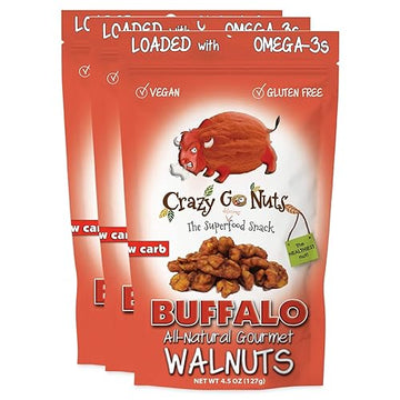 Crazy Go Nuts Walnuts - Buffalo, 4.5 Oz (3-Pack) - Healthy Snacks, Vegan, Gluten Free, Superfood - Natural, Ala, Omega 3 Fatty A
