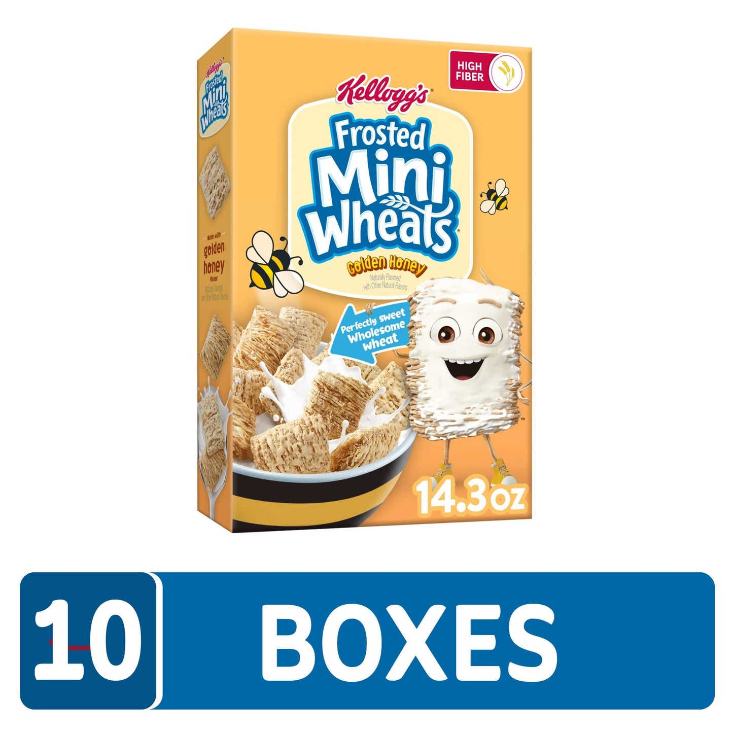 Kelloggs Frosted Mini-Wheats Cold Breakfast Cereal, Fiber Cereal, Kids Snacks, Golden Honey (10 Boxes)