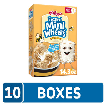 Kelloggs Frosted Mini-Wheats Cold Breakfast Cereal, Fiber Cereal, Kids Snacks, Golden Honey (10 Boxes)