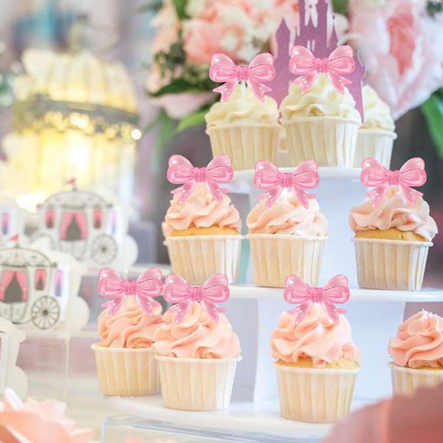 YCTHUNFISH 30 Pack Pink Bow Cupcake Toppers Paper Bowknot Decorations for Birthday Party, Wedding, Bridal Shower