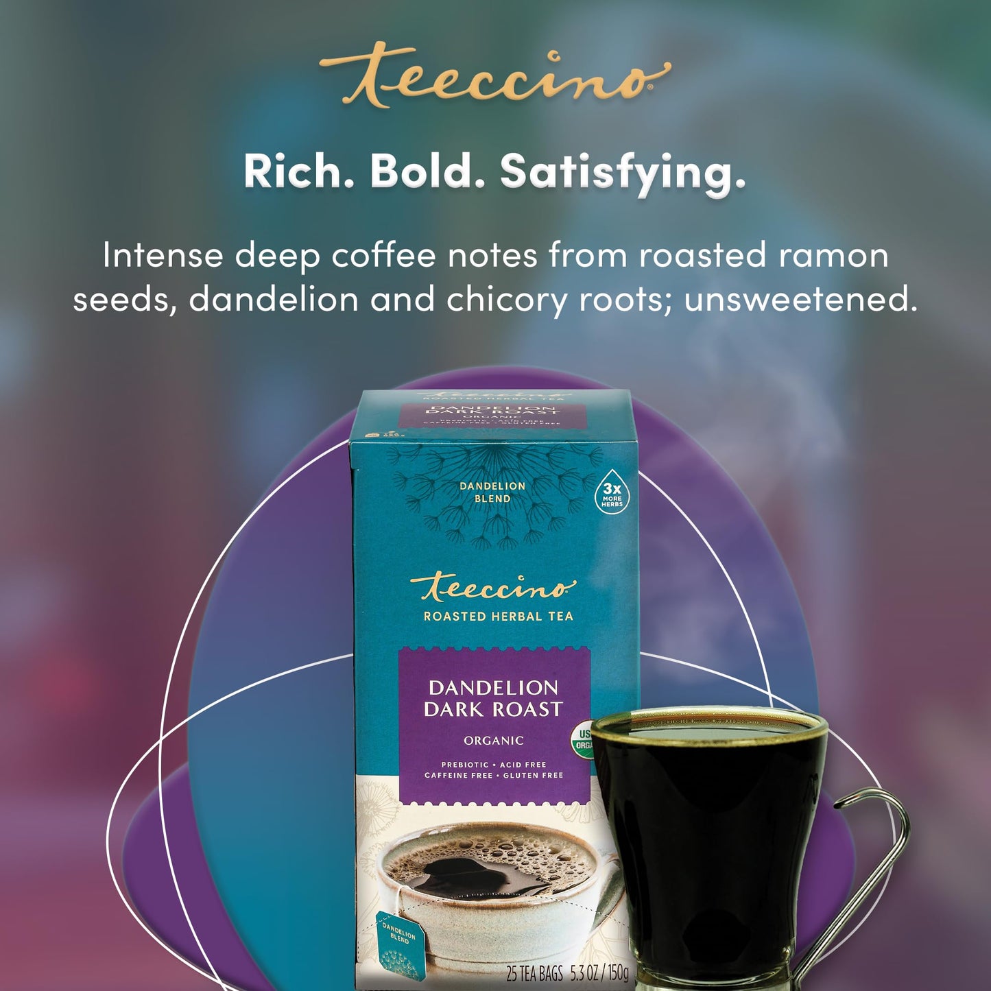 Teeccino Dark Roast Dandelion Tea - Caffeine-Free Herbal Tea, 25 Tea Bags, Prebiotic with refreshing Dandelion Root