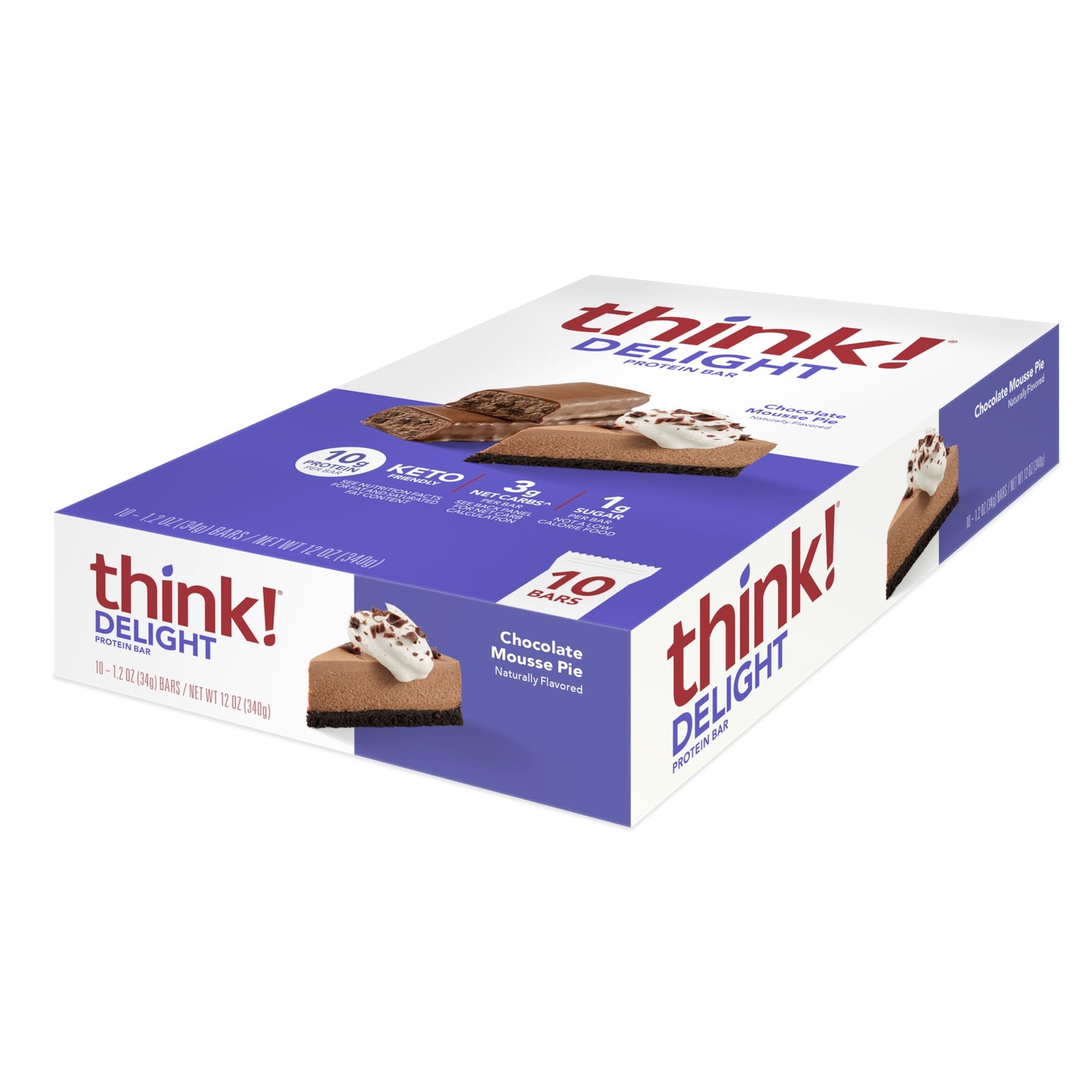 Think! Delight, Keto Protein Bars, Healthy Low Carb, Gluten Free Snack - Chocolate Mousse Pie, 10 Count (Packaging May Vary)
