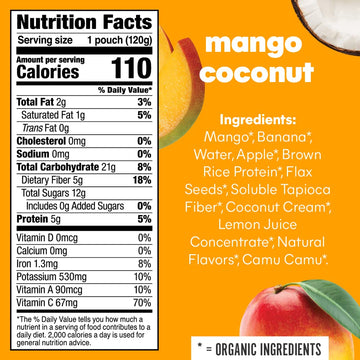 Noka Superfood Fruit Smoothie Pouches, Mango Coconut, Healthy Snacks With Flax Seed, Prebiotic Fiber And Plant Protein, Vegan An