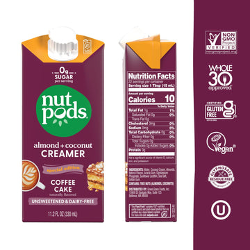 nutpods Coffee Cake Dairy-Free Creamer, Unsweetened, Vegan, 134.4 Fl Oz, Gluten Free, Keto, Whole30, Non-GMO, Kosher (12-Pack)