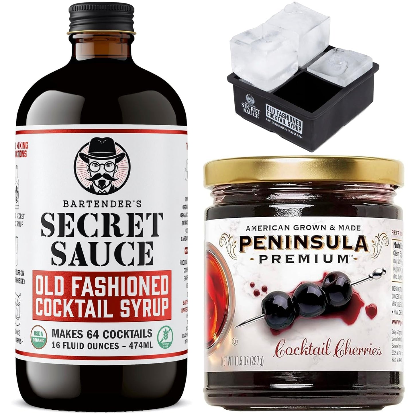 BARTENDERS SECRET SAUCE Old Fashioned Mix Bundle - Handcrafted Syrup 16oz, Gourmet Peninsula Cocktail Cherries 10.5oz, Ice Mold