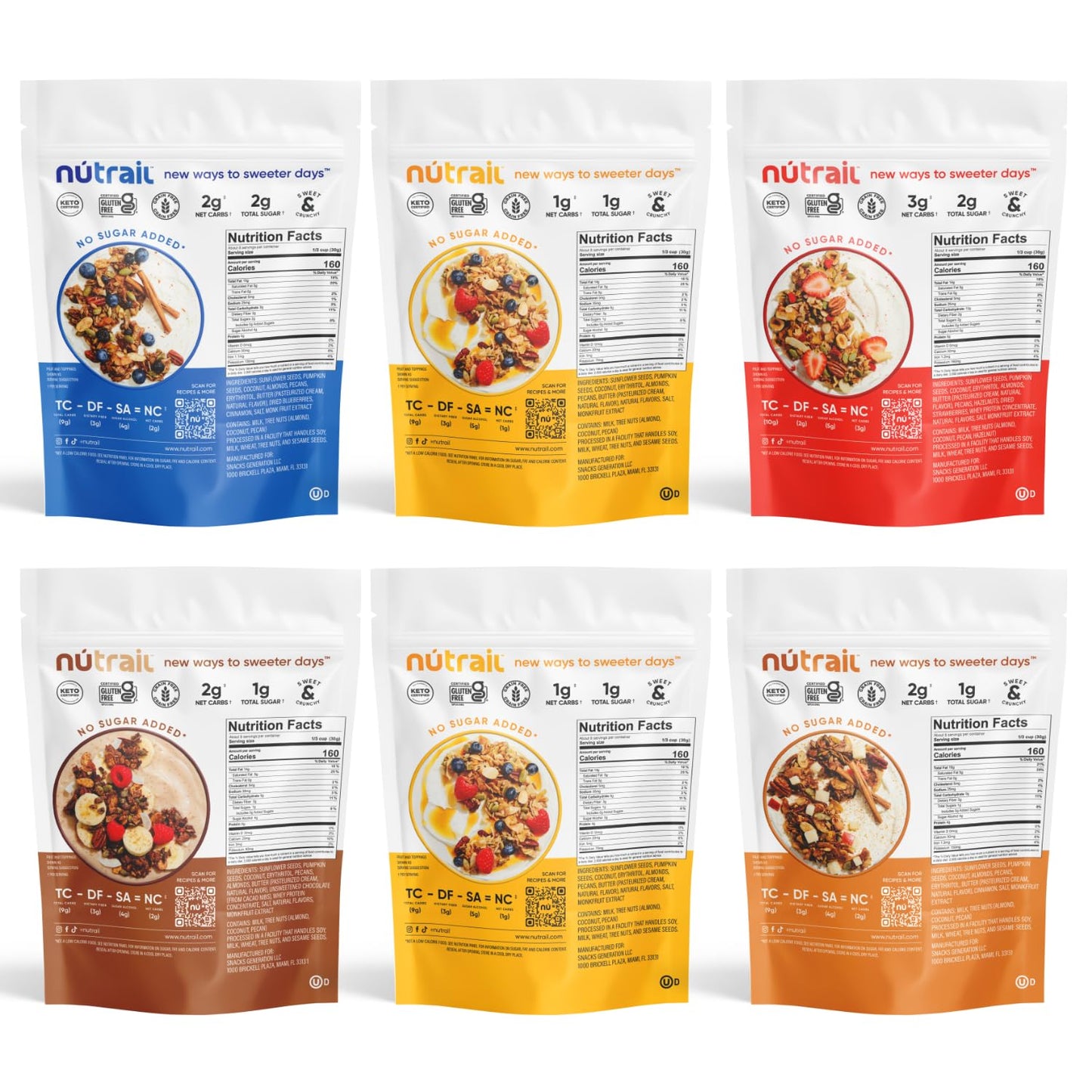 Nutrail Nut Granola, Variety Pack, No Sugar Added, Gluten Free, Grain Free, Keto, Low Carb, Healthy Breakfast Cereal 8 Oz. 6 Cou