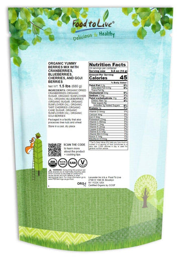 Food To Live - Organic Yummy Berries Mix, 1.5 Pounds - A Blend Of Non-Gmo Dried Cranberries, Blueberries, Cherries, Goji Berries