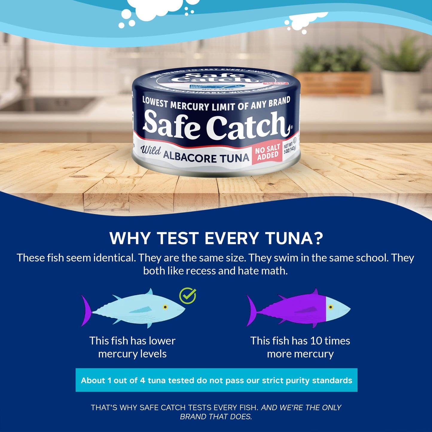 Safe Catch Canned Lowest Mercury Limit Albacore Tuna Fish No Salt Added, Wild Caught, Gluten-Free, Kosher, Whole30 Approved, Ket