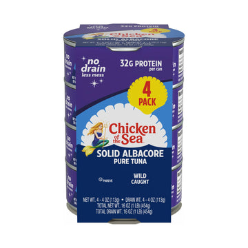 Chicken of the Sea Solid White Pure Tuna, 4 oz. Can (Pack of 4), Wild Caught, No Drain