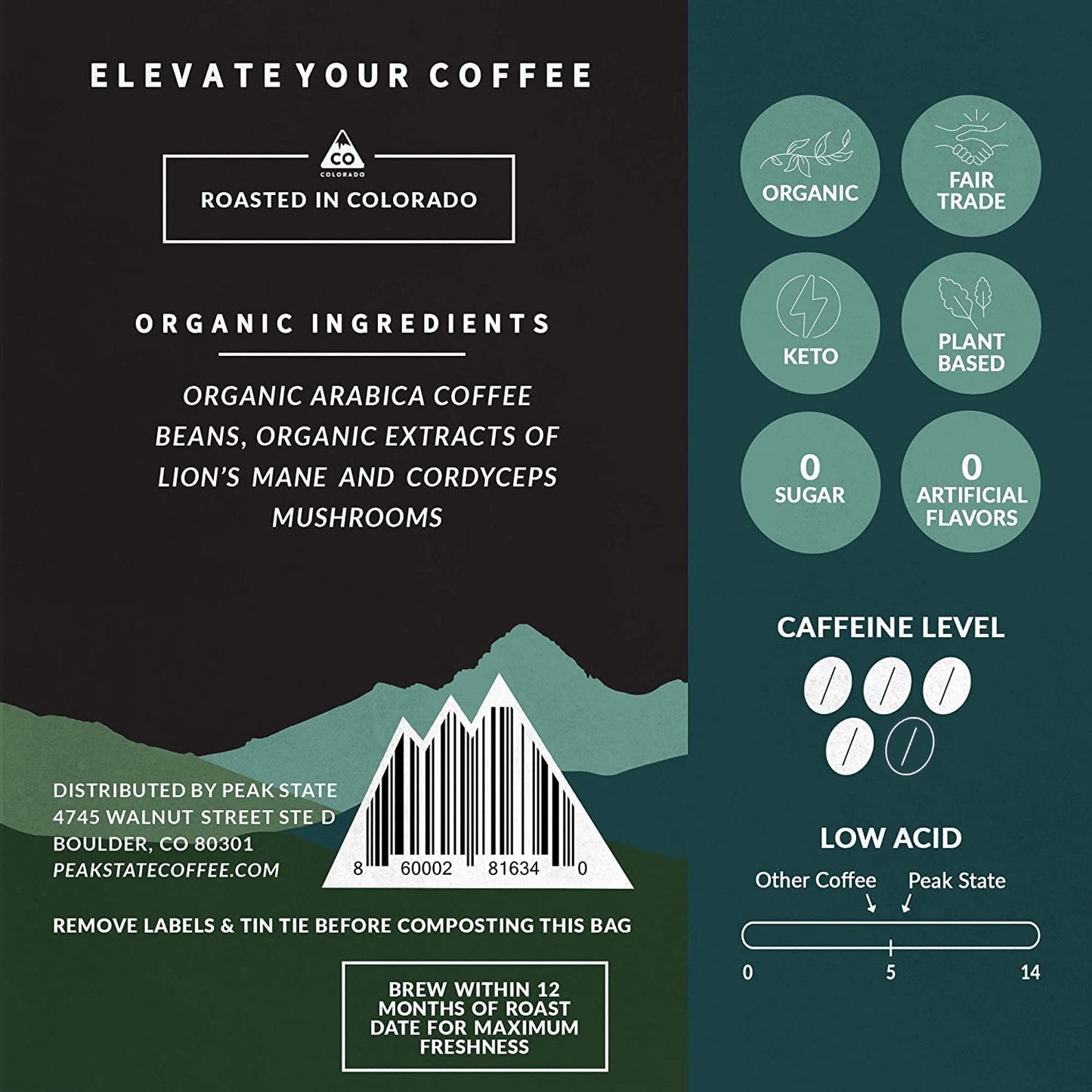 Peak State Coffee With Benefits - Organic Decaf Coffee Beans - Calm Descent Swiss Water Process Decaf With Lion'S Mane & Cordyce