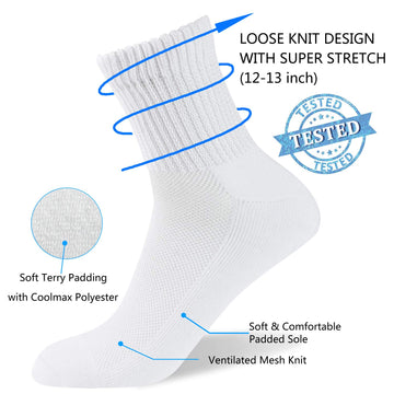 Well Knitting Diabetic Socks For Men & Women Non-Binding Top Crew Socks Quarter Socks 4 Pairs (White, Xl)