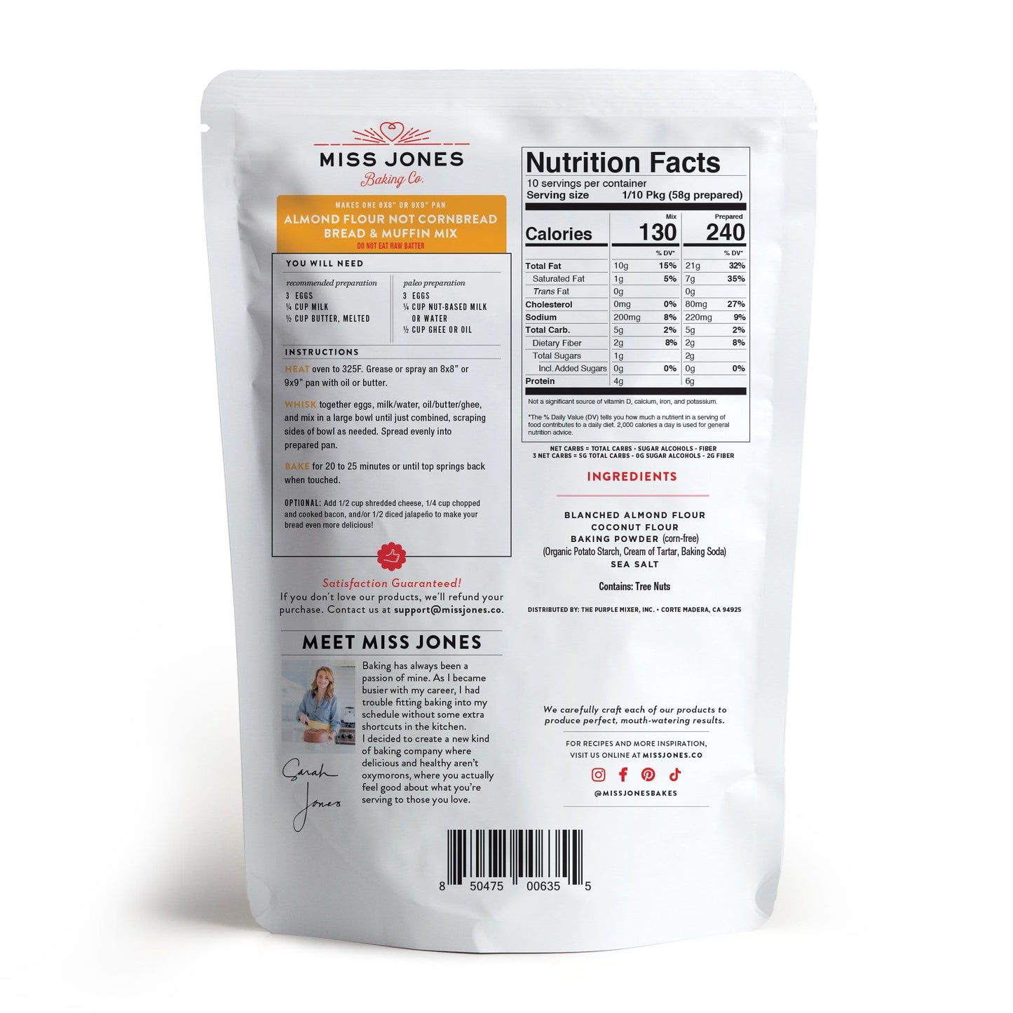 Miss Jones Baking Almond Flour Muffin Mix, Gluten Free, Low Carb, 7.4 Ounce, Pack of 1