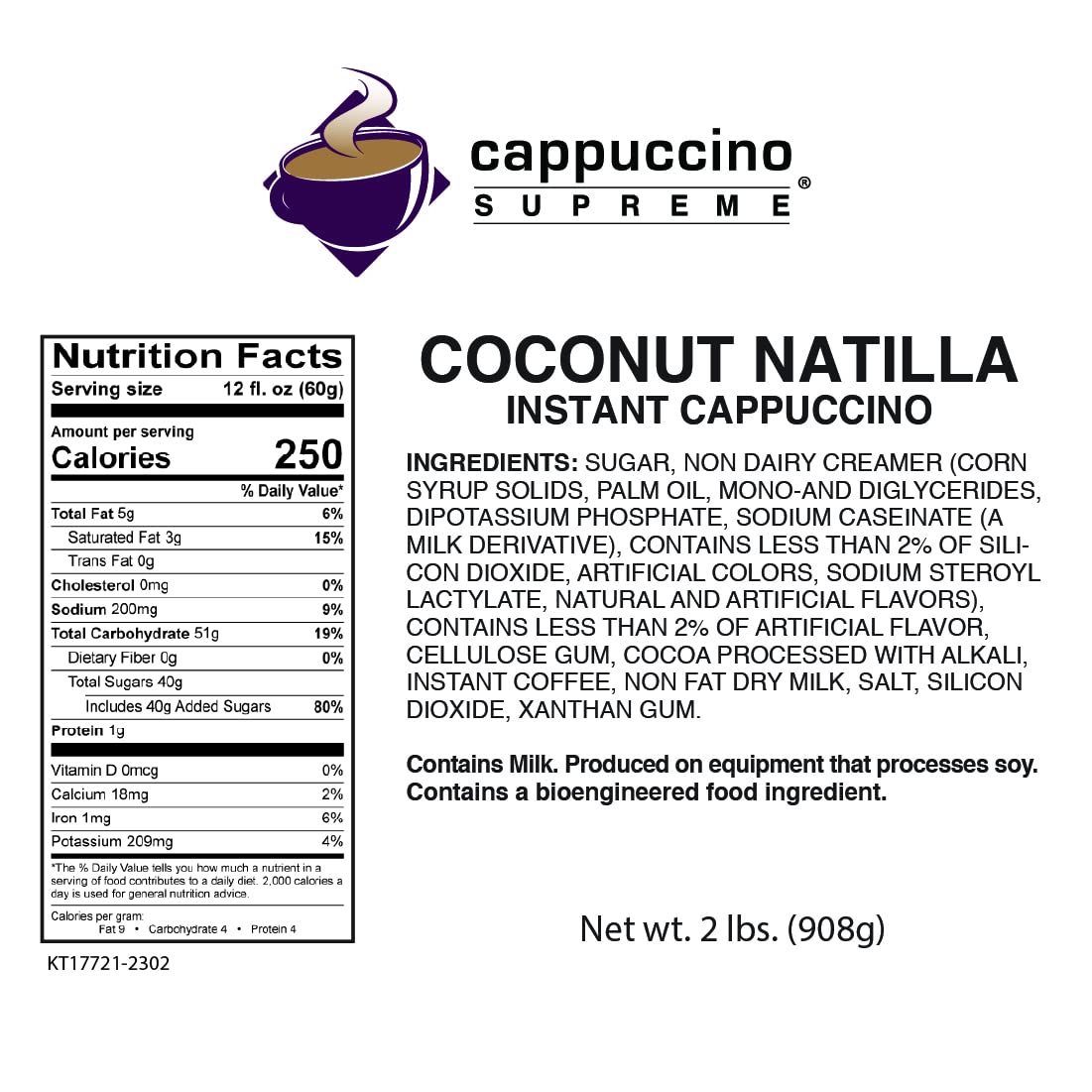 Cappuccino Supreme Coconut Natilla 2 Lb Bag Instant Cappuccino Mix