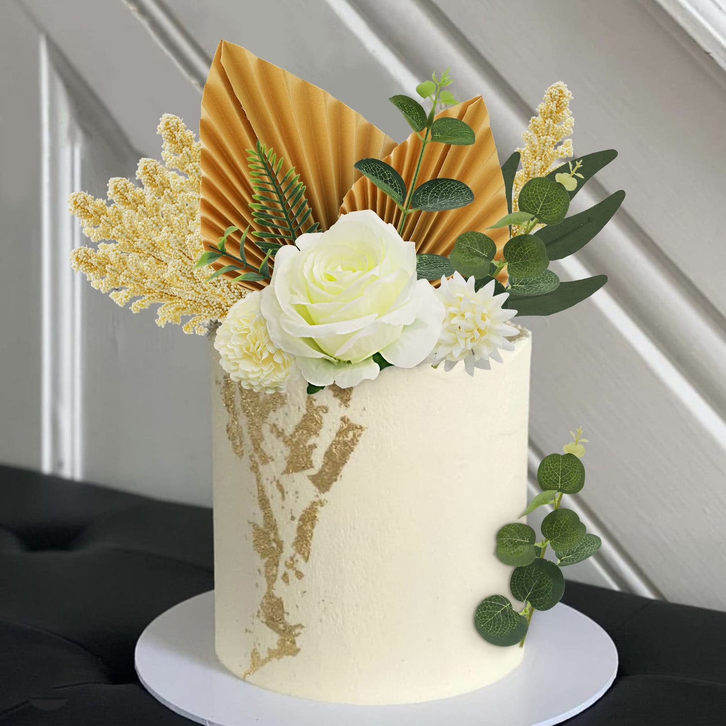 Lukinuo 16Pcs Boho Cake Topper Decoration Flower Cake Topper Gold Palm Leaves Cake Decoration White Rose Carnation Eucalyptus Wi