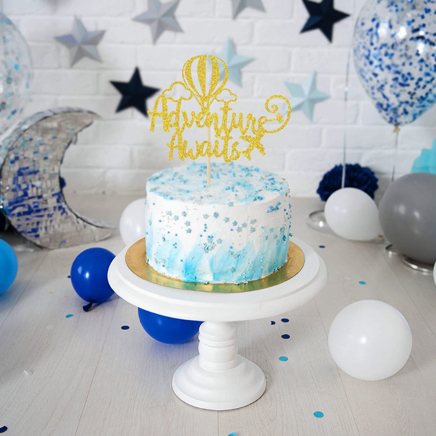 Hotmoon Adventure Awaits Cake Topper, Gold Glitter, Graduation/Retirement/Baby Shower Party Decorations, Model HM-0324