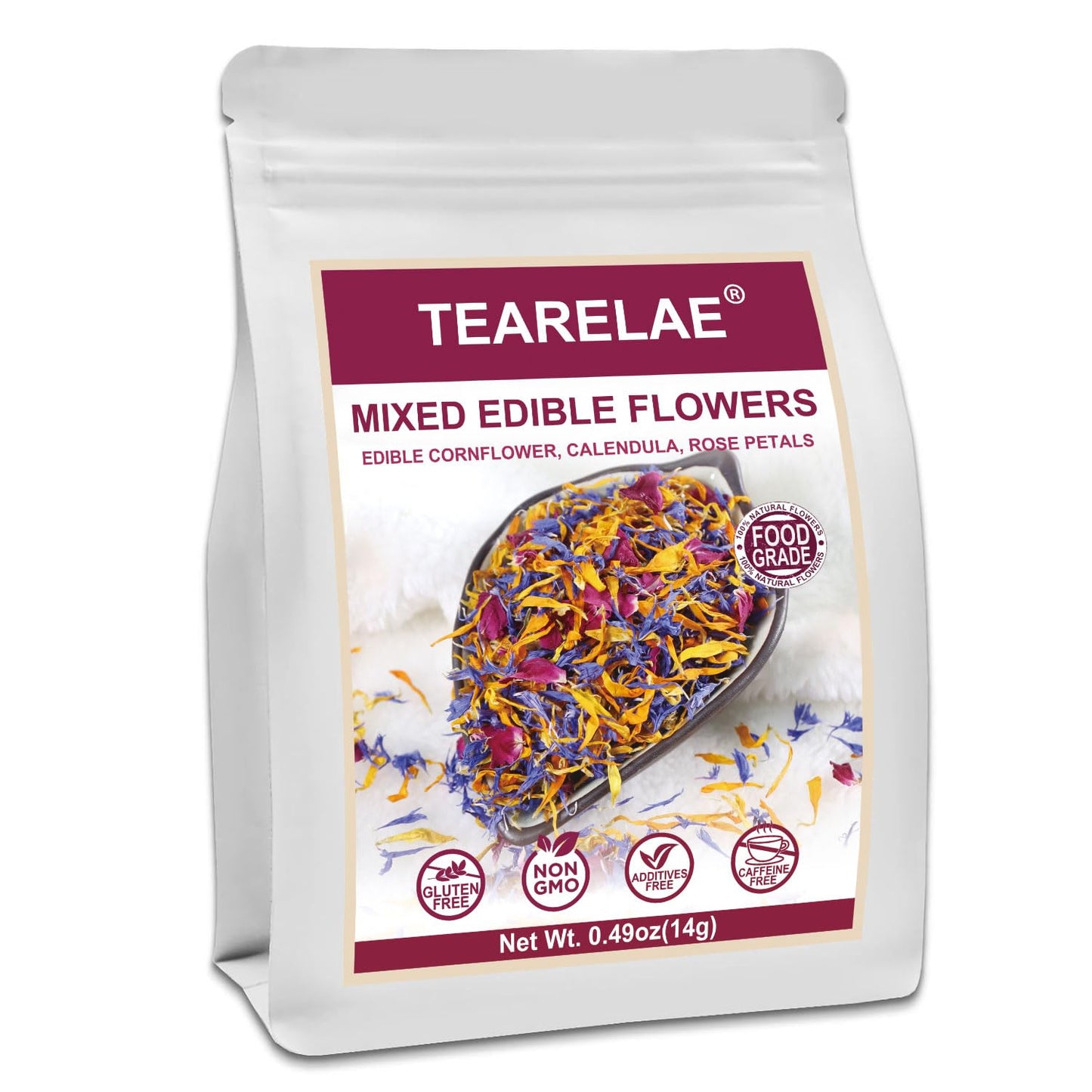 Tearelae - Mixed Edible Flowers - Top-Grade Rose Cornflower And Calendula Petals - Edible Cake Decorations - Pure Natural - Energy Blend-Free - For Drink Tea Salad And Soap - 0.49Oz/14G