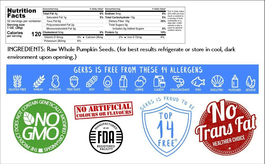 Gerbs Raw Whole Pumpkin Seed 2 Lbs, Top 14 Allergy Free, Healthy Protein Packed Superfood Snack, Non Gmo, 10.5 Mm Size, Grown Usa & Packaged On Dedicated Equipment