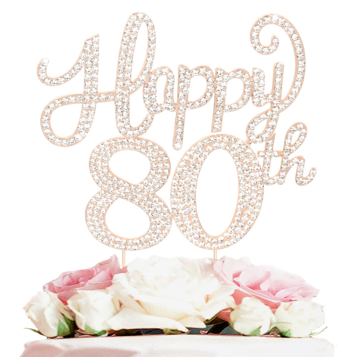 Happy 80th Birthday Decorations,80th Birthday gold Rhinestone cake Topper - cheers to Eighty Years Old Bday Party Metal Sparkly
