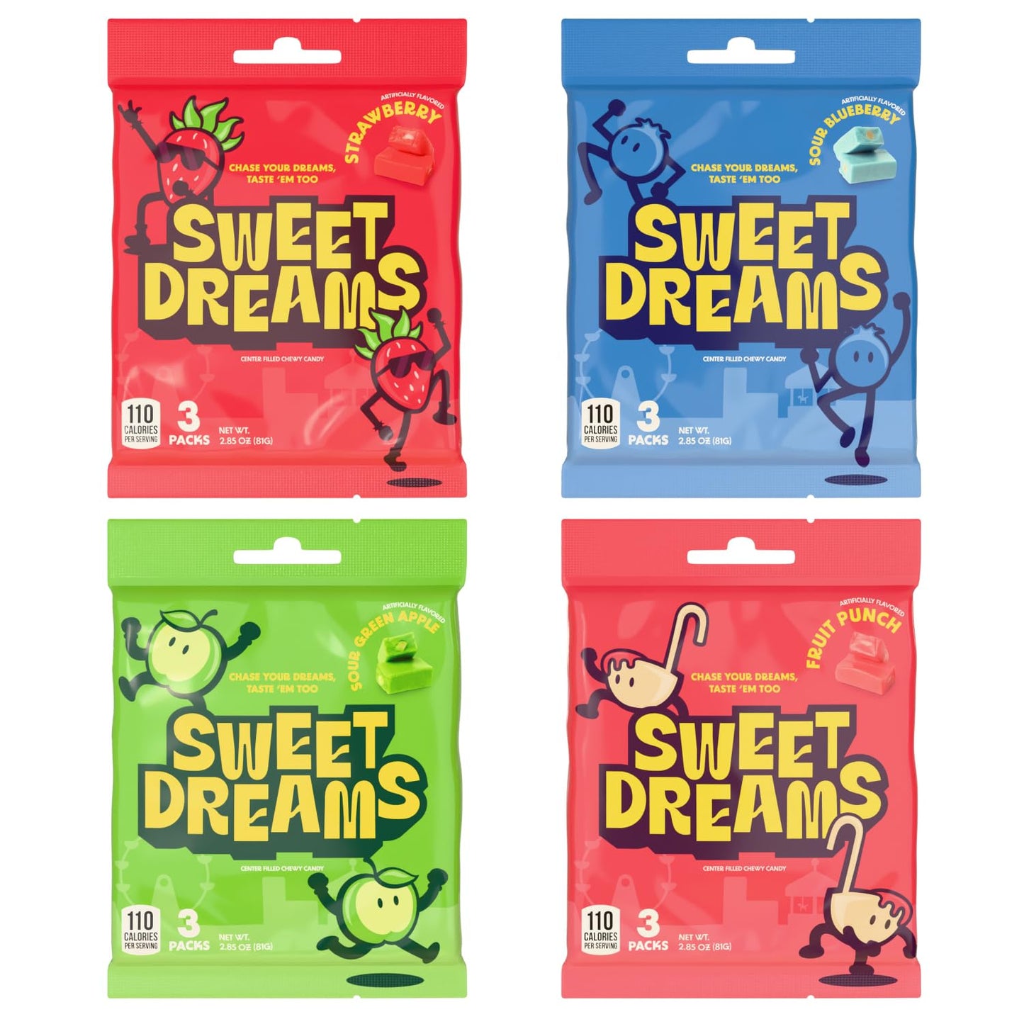 Sweet Dreams Center Filled Soft Chewy Candy Individually Wrapped Gluten-Free Candies Party Size Bulk Fruit Chews Candy For Kids - Fruit Punch Flavor 4 Assorted Candies Pack - 3 Sticks Per Bag 8 Pieces Per Stick- 96 Total Pieces