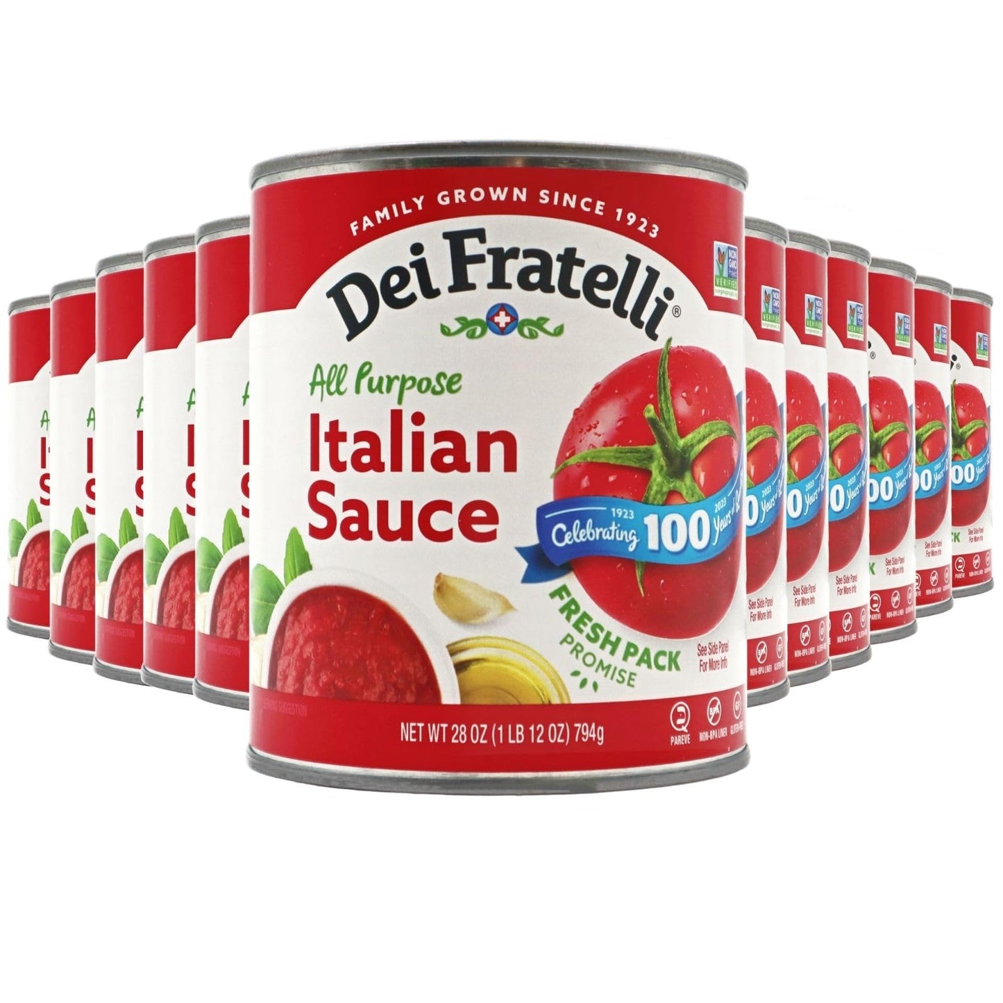 Dei Fratelli Italian Sauce (28 oz. Cans, 12 pack) - Vine-Ripened - No Water Added, Not from Paste - Non GMO, Gluten-Free - Fifth