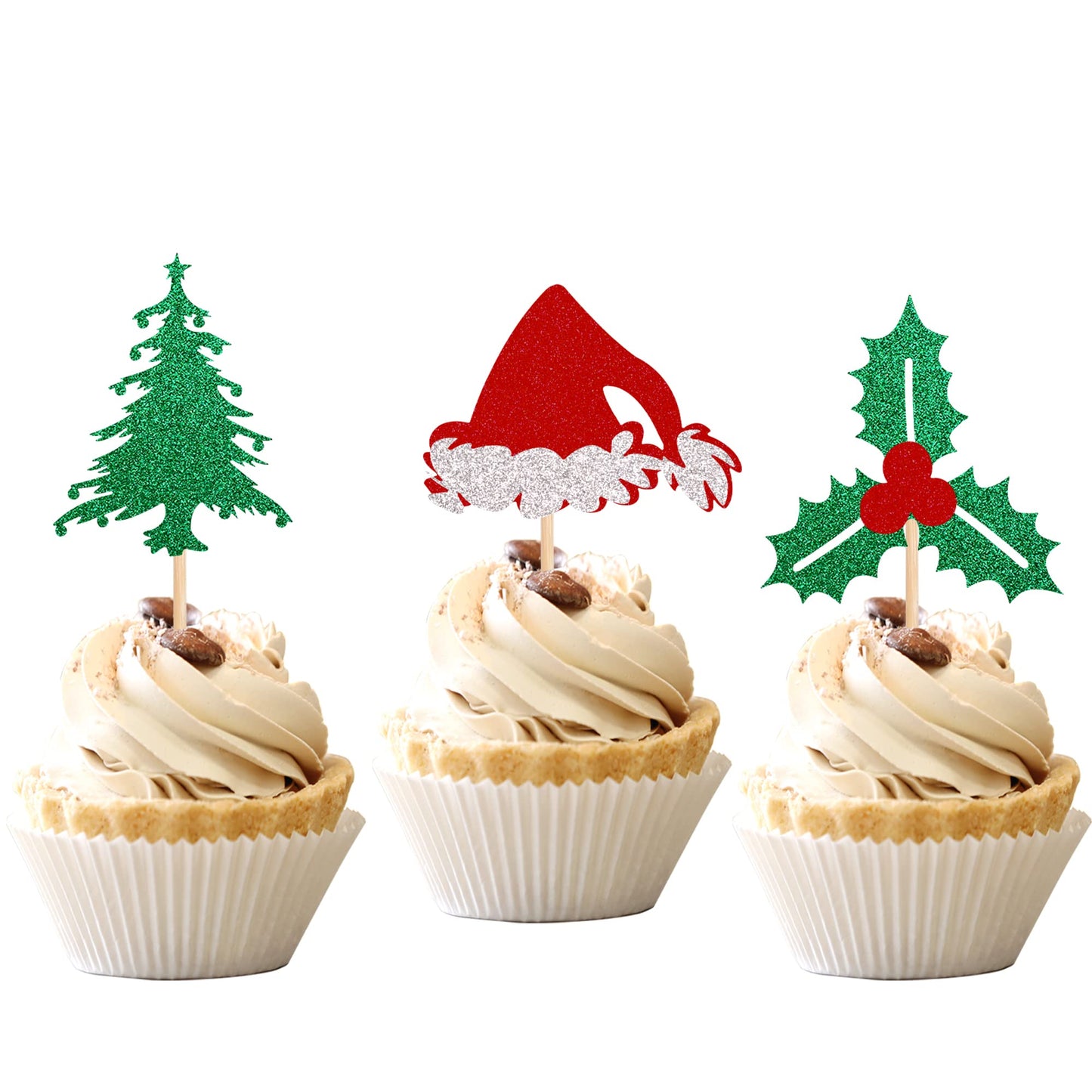 24 Pcs Christmas Holly Leaves And Berries Cupcake Toppers Glitter Santa Hat Christmas Tree Cupcake Picks Winter Merry Christmas Theme Birthday Party Cake Decorations Supplies