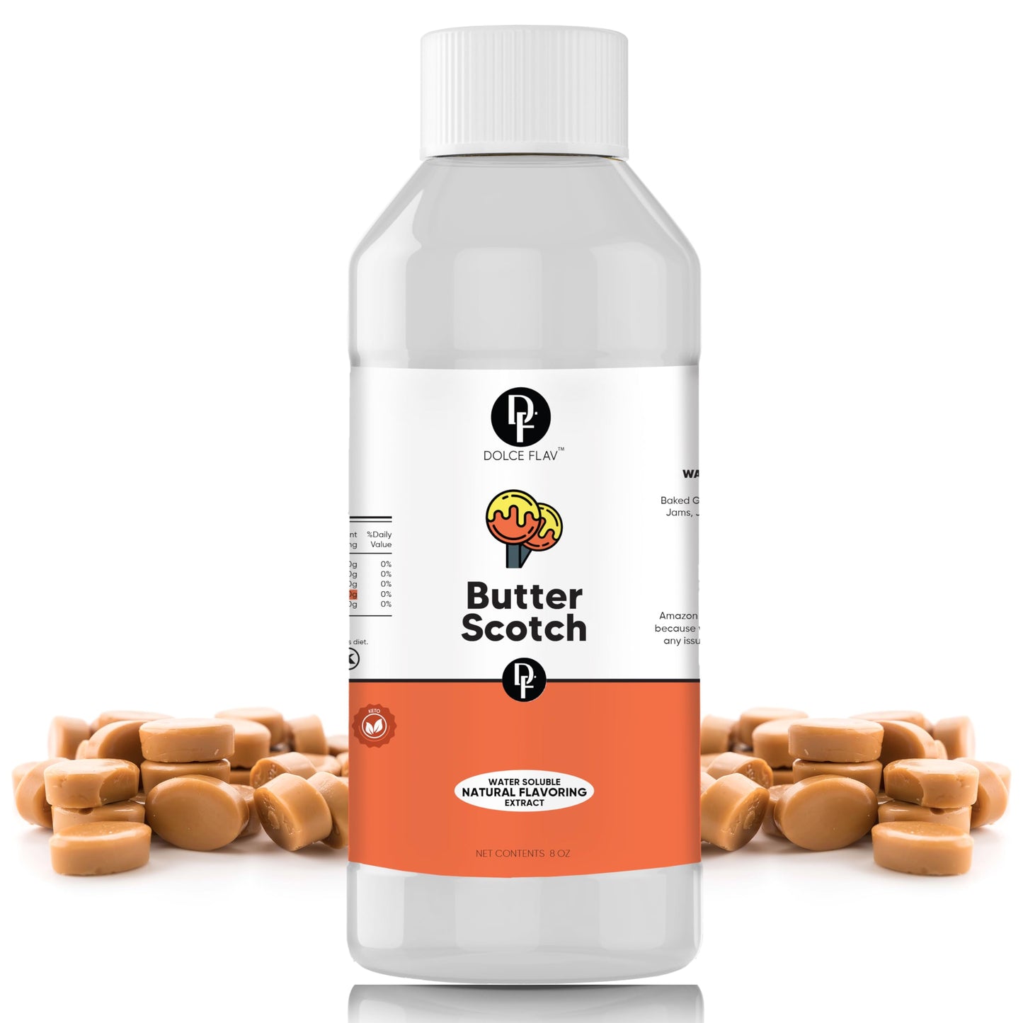 Dolce Flav Natural Butterscotch Extract - 8 Ounce Water-Soluble Kosher Sugar-Free Concentrated Rich Butterscotch Flavoring For Baking Beverages & Desserts Includes Measured Dropper