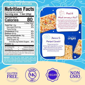 Skinny Crispy Original Vanilla Rice – Low Sugar (4G), Vegan, Gluten-Free, Dairy-Free, Non-Gmo, Top 9 Allergen-Free, Healthy Snack Bars, 12 Count