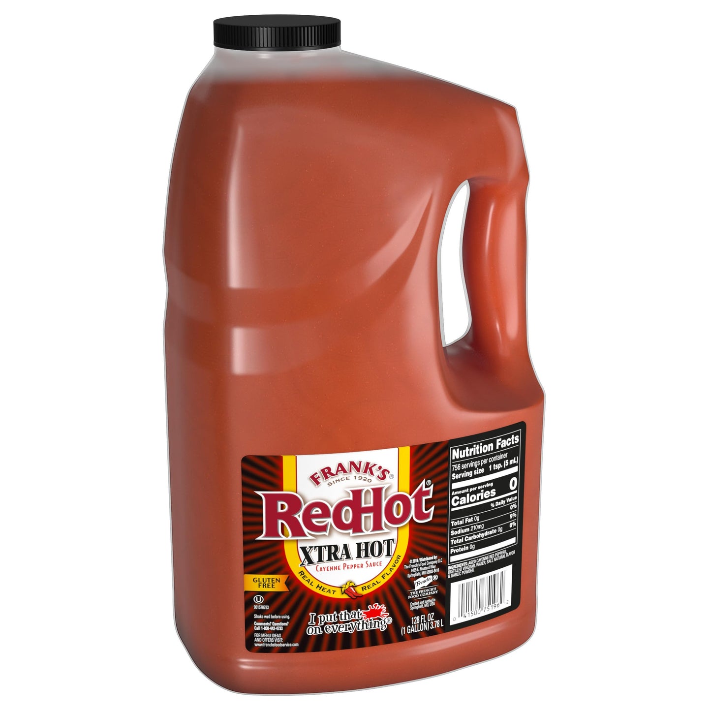 Franks RedHot Xtra Hot Cayenne Pepper Hot Sauce, 1 Gallon, 128 Fl Oz, Extra Hot, Great for Wings, Pizza, Snacks
