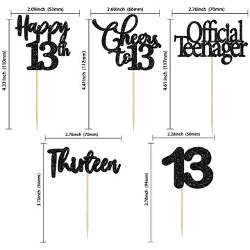 30 Pack Happy 13Th Birthday Cupcake Toppers Black Glitter 13 Official Teenager Cheers To 13 Years Old Birthday Cupcake Picks For