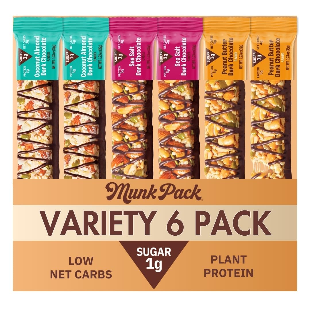 Munk Pack Keto Snack Bars Variety Pack - Healthy Low Carb Nut Bar With 5G Protein 1G Sugar With Allulose - Gluten Free & Low Glycemic - 6 Count