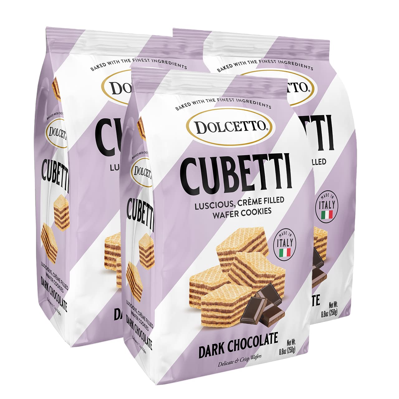 Dolcetto Cubetti Wafer Cookies, Creamy Dark Chocolate Flavor Sweets, Crispy Gourmet Treats Made In Italy, No Preservatives, 8.8 Ounce (Pack Of 3)