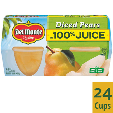 Del Monte Diced Pears In 100% Juice Fruit Cup Snacks, 4 Count - Pack Of 6