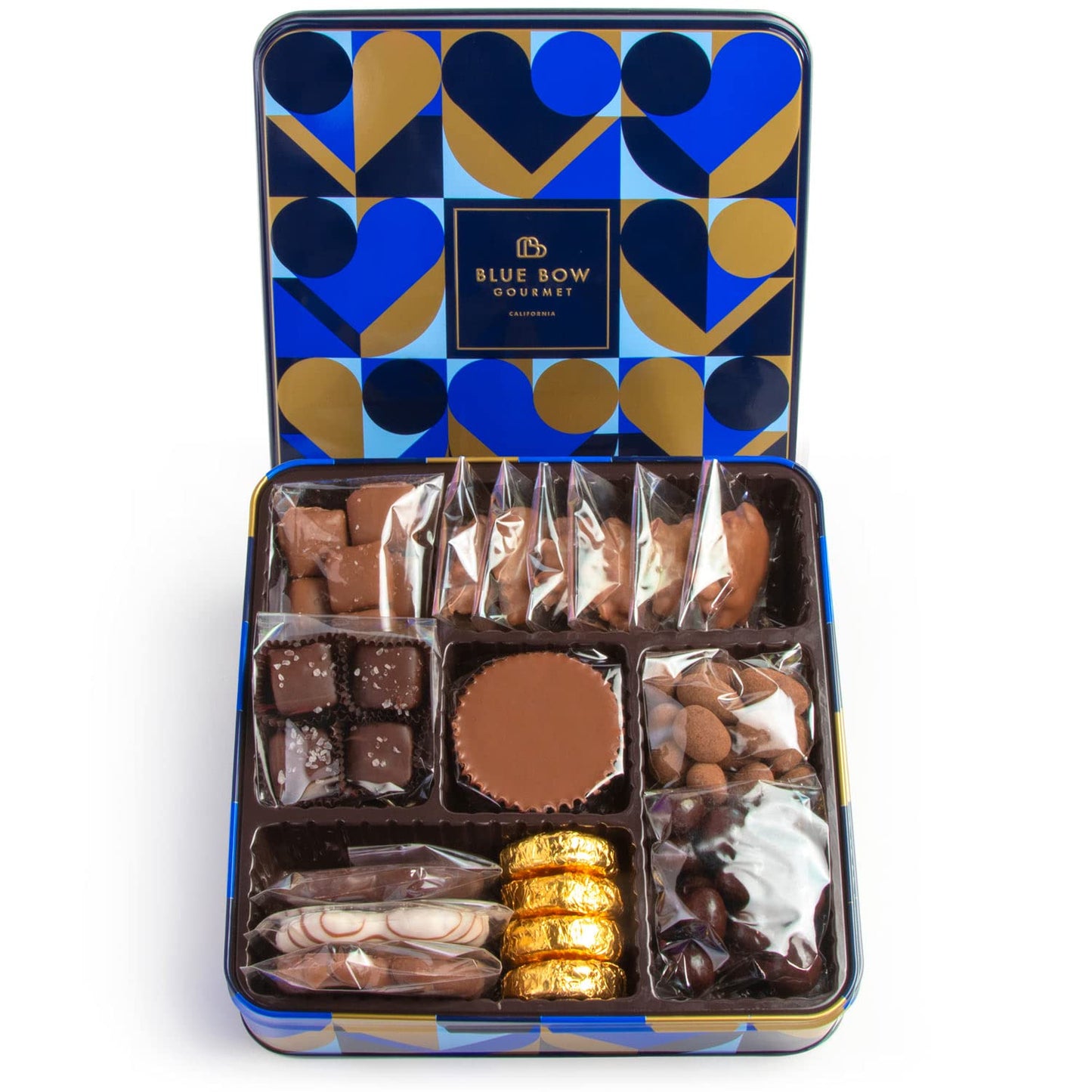 Blue Bow Gourmet Artisanal Chocolate Assortment Gift Tin - Full Size, Ideal for Birthdays, Thank You, and Holiday Gifts