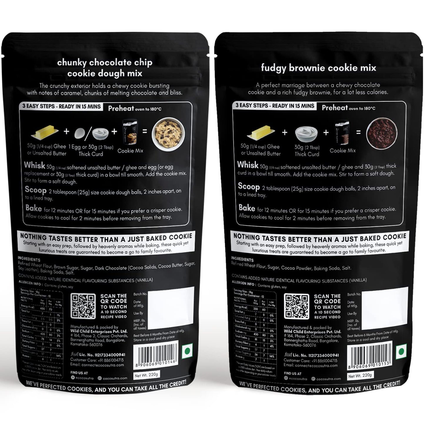 Cocosutra Cookie Dough Mix Combo Pack | Chunky Chocolate Chip 220 G & Fudgy Brownie 220 G |100% Natural & Vegan| 3 Easy Steps Fo