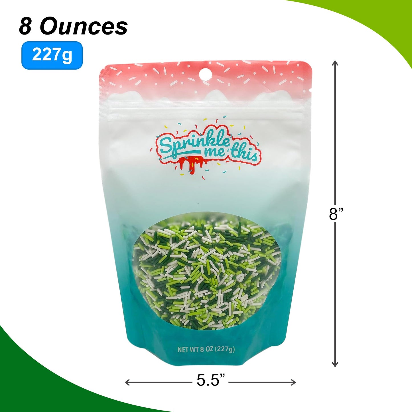 Lucky Jimmy Blend | 8 Oz Stand Up Sprinkle Bag | St. Patrick'S Day Themed Sprinkle Blend | Classic Jimmies In Green, Lime, And White Colors | Toppings For Cakes, Pastries, And Desserts