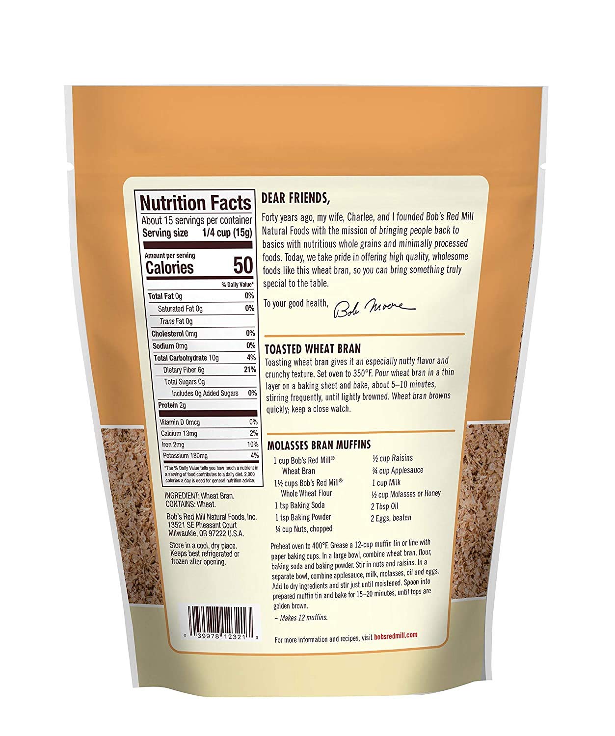 Bobs Red Mill Wheat Bran, 8 Oz Pack of 2 - Natural High Fiber Cereal