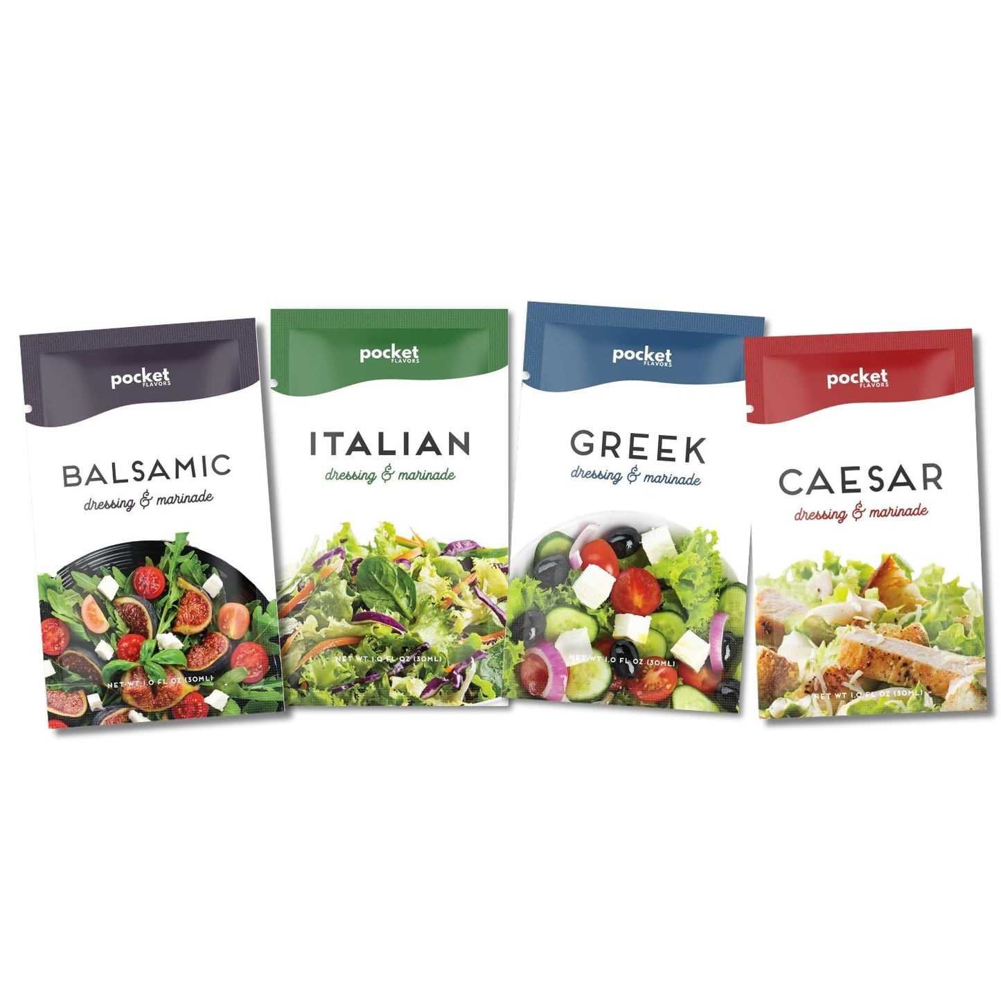 Pocket Flavors Low Calorie Low Fat Keto Friendly Salad Dressing - Ready To Serve Individual Pouches 1 Oz Each - The Savory 32 Count