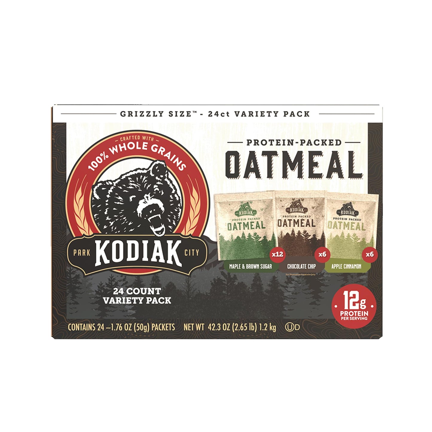 Kodiak Cakes Instant Oatmeal Packets Variety Pack - High Protein - 100% Whole Grains Breakfast Food - Maple & Brown Sugar Apple Cinnamon & Chocolate Chip (24 Packets)