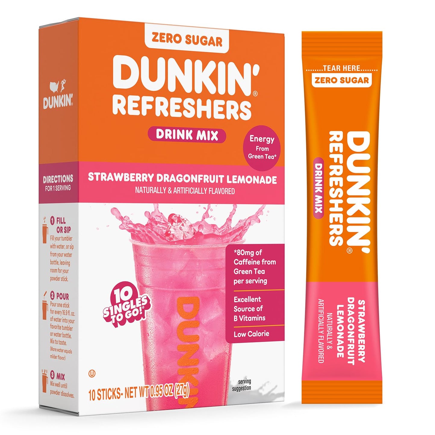 Dunkin Refreshers Singles To Go! Powdered Drink Mix Packets Strawberry Dragon Fruit Lemonade 10 Packets Per Box Energy From Green Tea Aspartame-Free No Synthetic Colors Naturally And Artificially Flavored Just Add Water