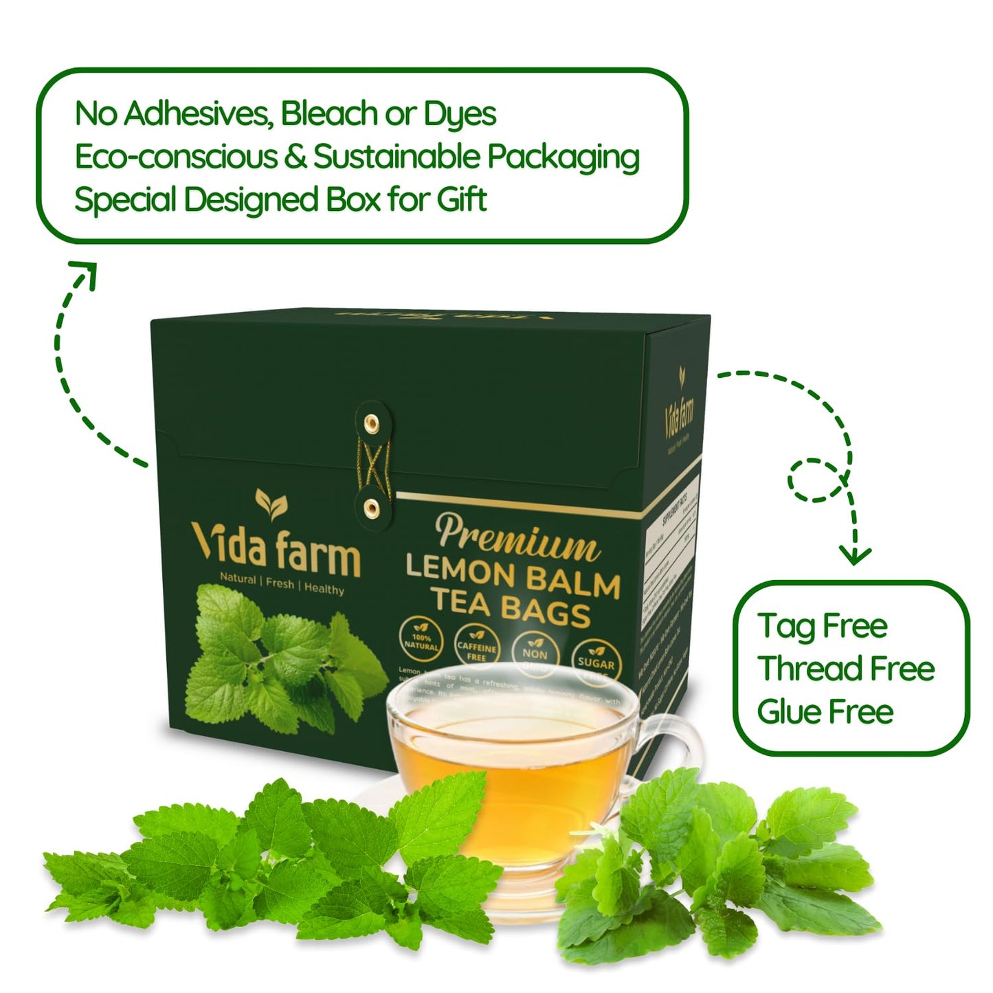 VIDA FARM Lemon Balm Herbal Tea Bags, Caffeine Free, 125 Count, 100% Natural Dried Leaves, Citrus Flavor