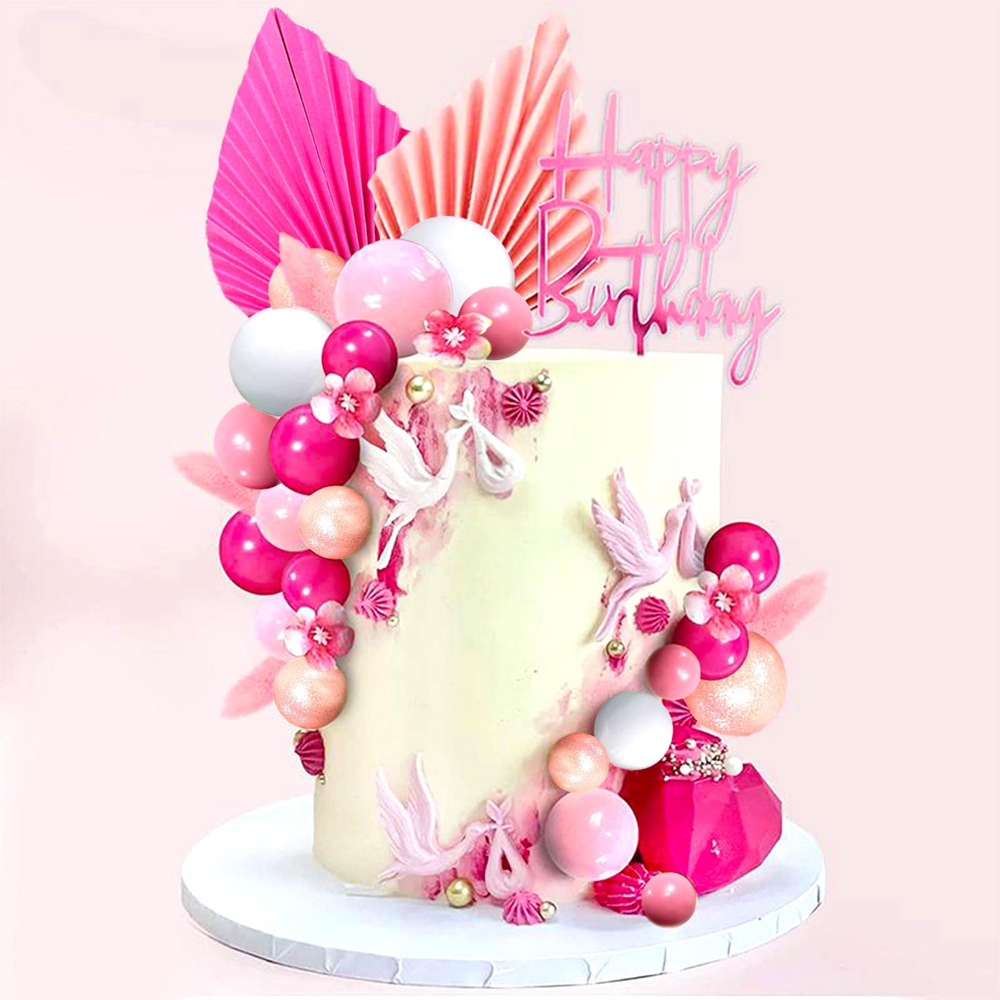 Roaring Good Time 32 Pcs Pink Balls Cake Decoration Baby Shower Cake Decoration Pink Leaves Palm Leaves Cake Decoration Boho Cak