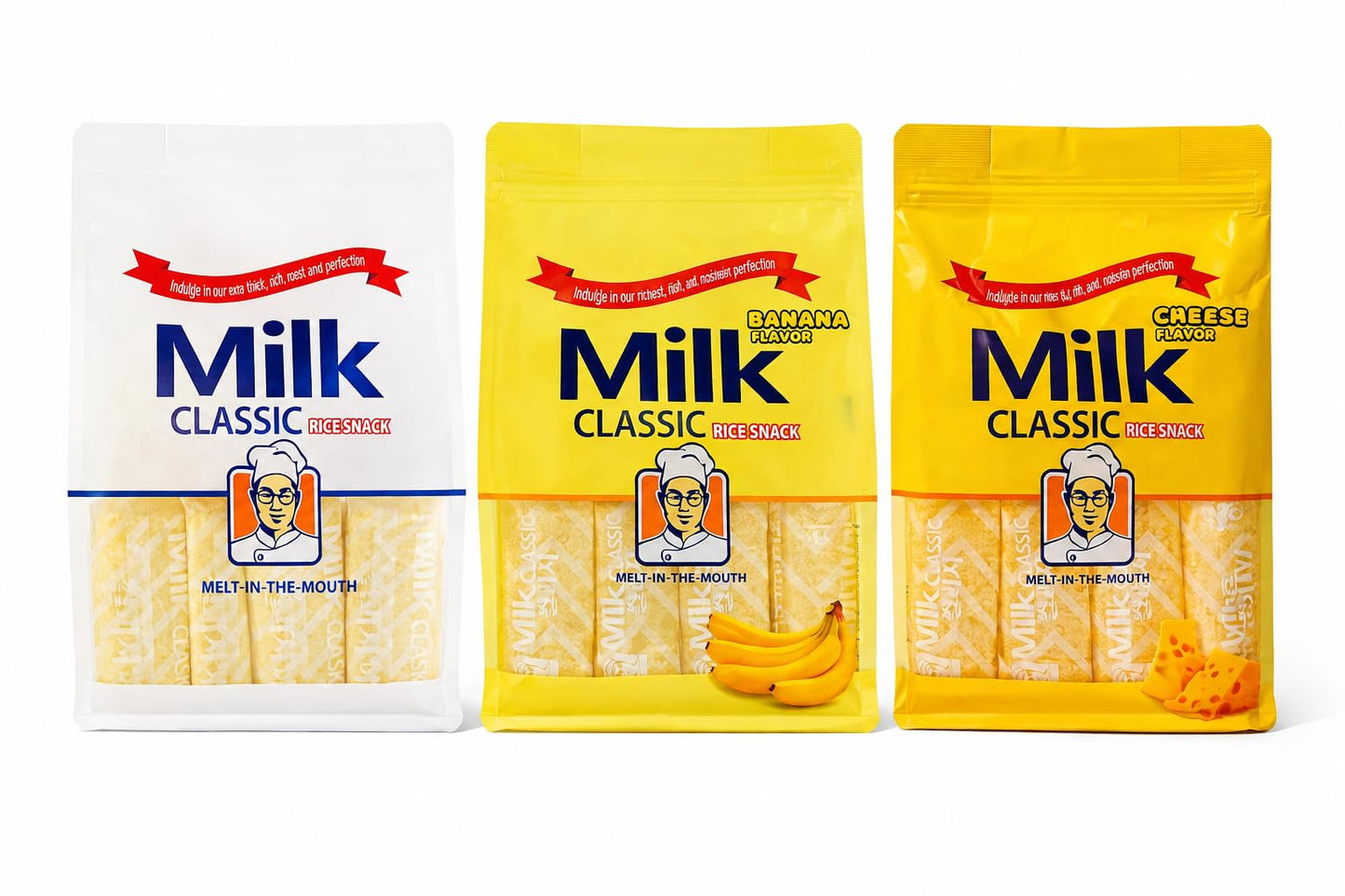Milk Rice Snack Variety Pack - 3 Flavors (Milk, Banana & Cheese), Non-Fried Crispy Korean Rice Snack, Individually Wrapped Kids