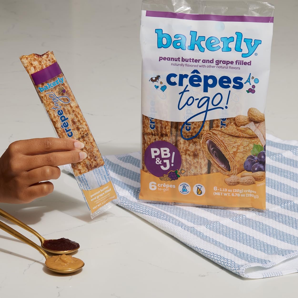 bakerly Peanut Butter and Grape Filled Crepes to go! Non GMO, Free from Artificial Flavors & Colors, Pack of 4, 6-Count (24 Tota