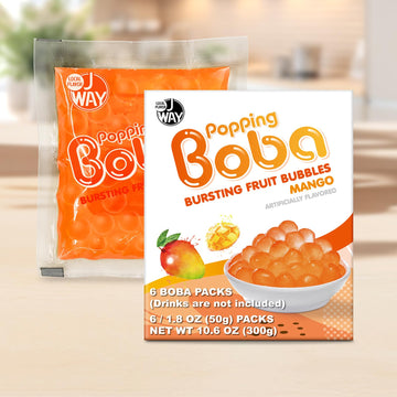 J Way Bursting Popping Mango Boba Pearls, Mango Syrup, Non-Dairy, Fat-Free Popping Tapioca Boba For Beverages, Sweets, Ice Cream