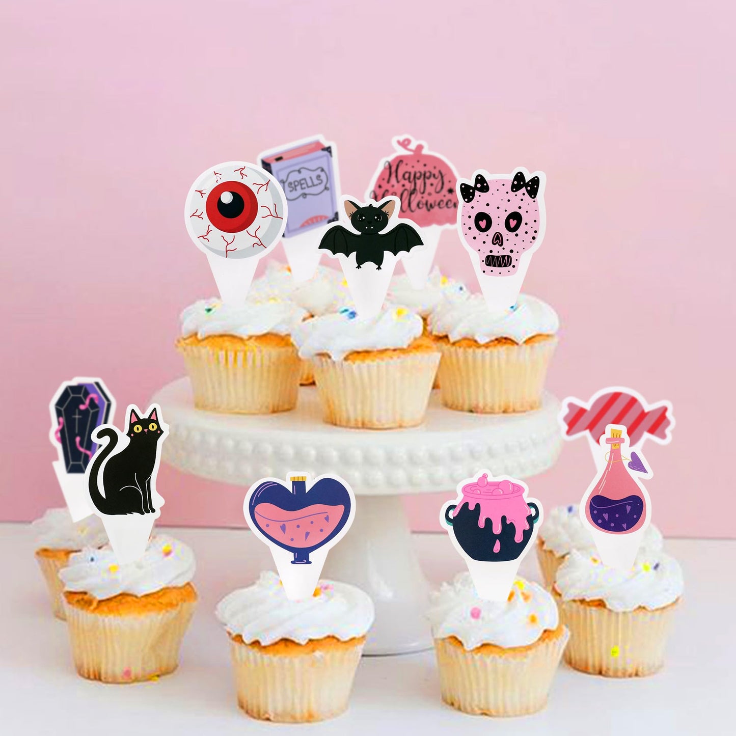 Ercadio 24 Pack Pink Halloween Cupcake Toppers Halloween Witch Hat Cat Skull Bat Cupcake Picks Pink Ghost Halloween Cupcake Topp