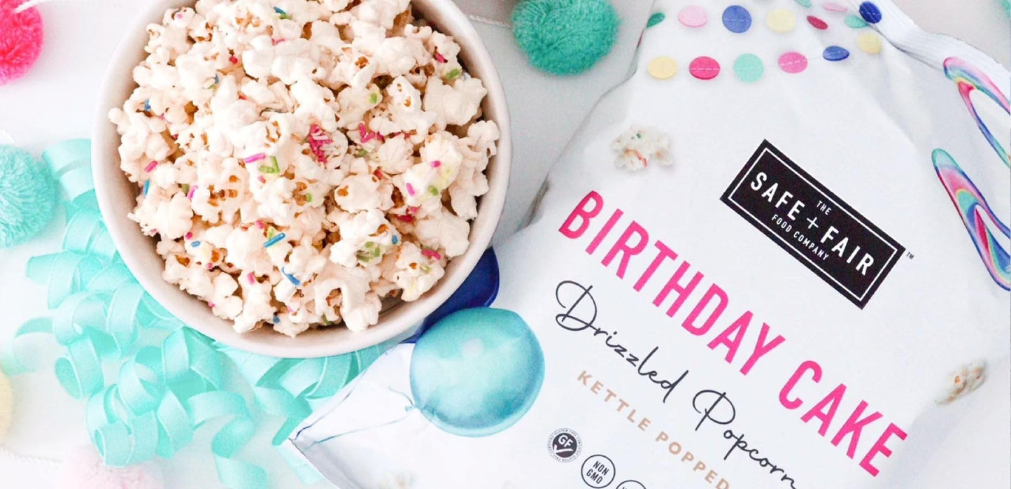 The Safe + Fair Food Company Birthday Cake Drizzled Popcorn - Gluten-Free, Vegan, 5.5 oz, Free From Top 9 Allergens, Non-GMO